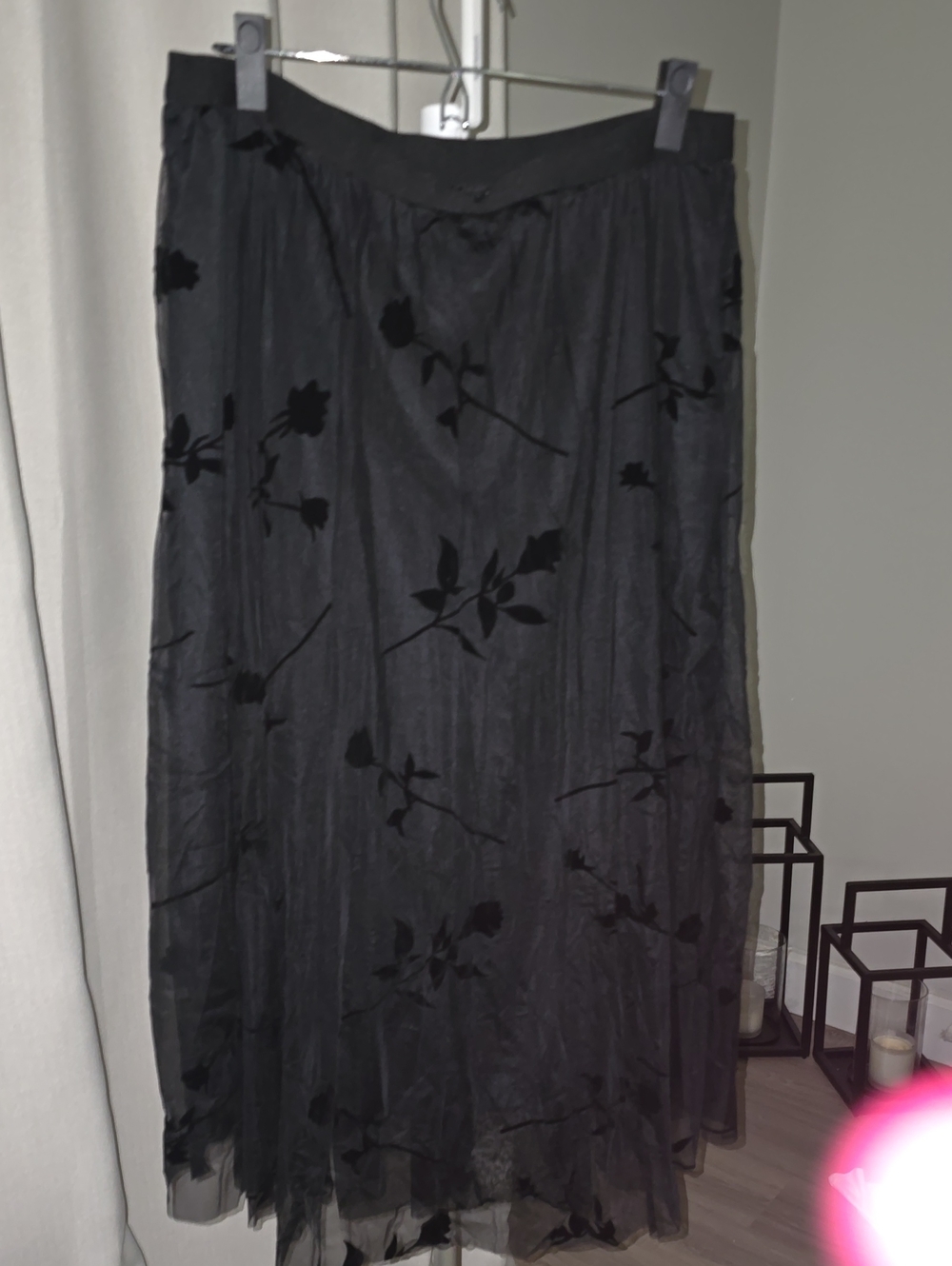 Black Floral Overlay Midi Skirt - Long
